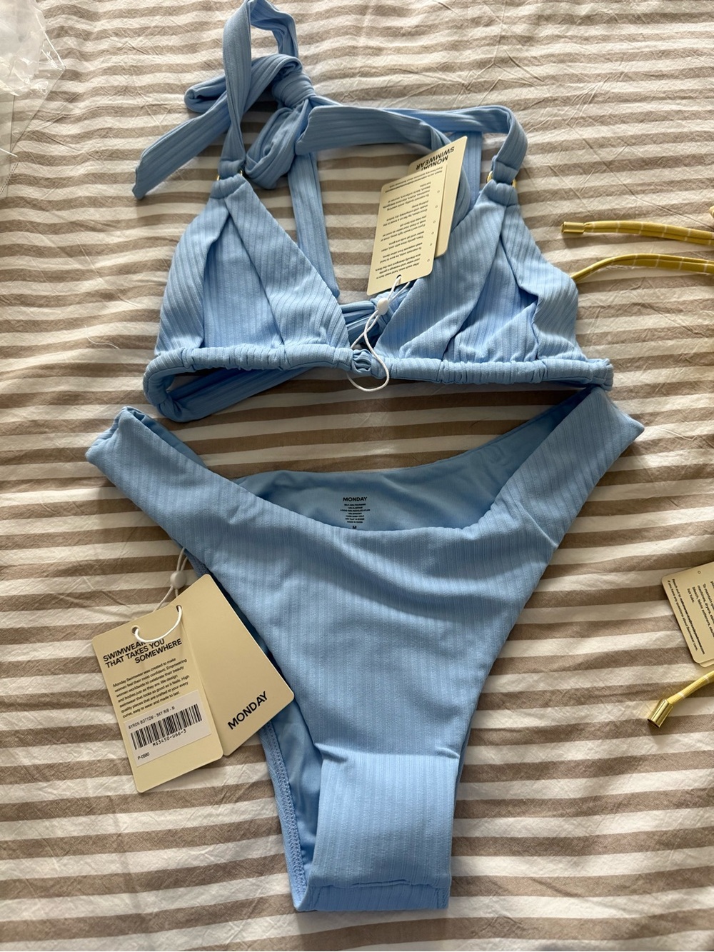 Monday Swimwear Light Blue Ribbed Bandeau Bikini Set